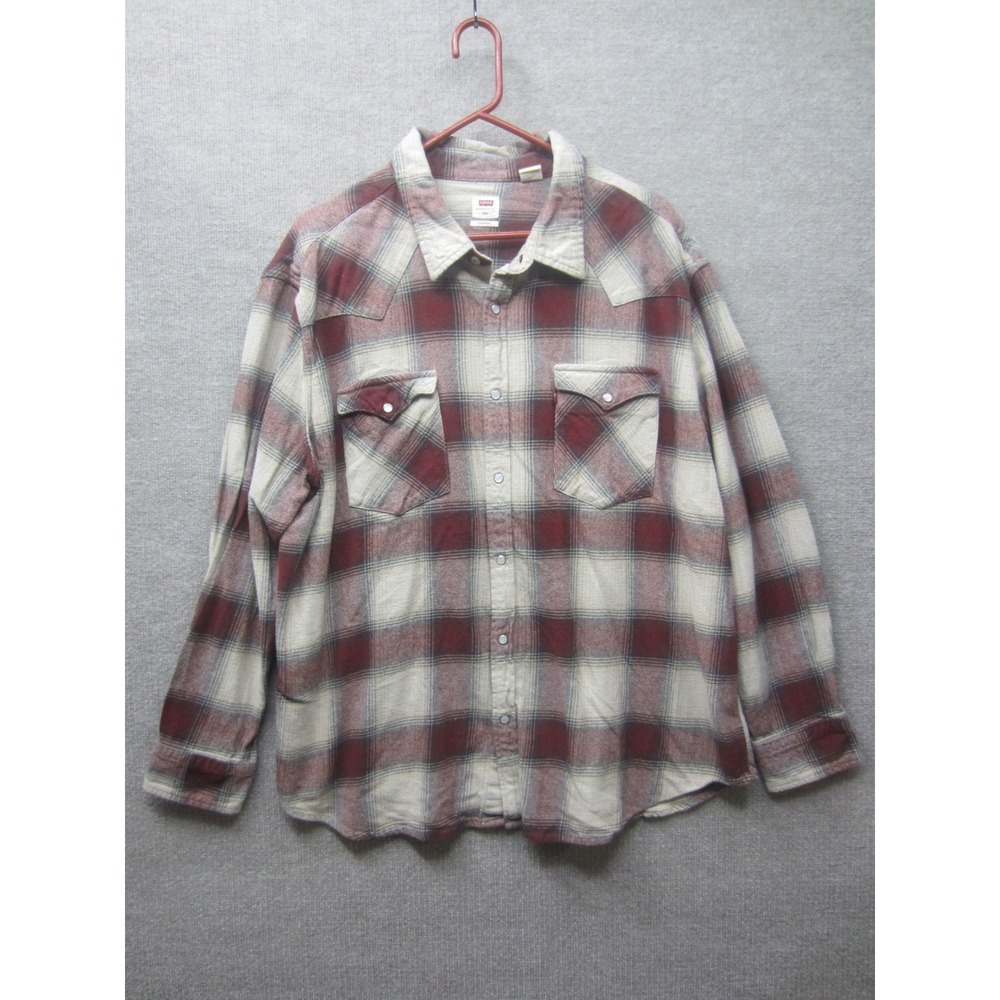 Levis Mens 2XL Western Flannel Shirt Red Plaid Cotton Pearl Snap Button